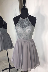 Gray Homecoming Dress High Neck Chiffon Lace Short Party Cocktail Dress