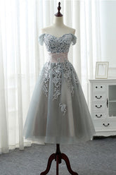 Gray Homecoming Dress Lace Tulle Formal Short Prom Dress