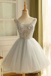 Gray Homecoming Dress Round Neck Tulle Cute Short Party Cocktail Dress