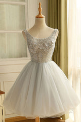 Gray Homecoming Dress Round Neck Tulle Cute Short Party Cocktail Dress