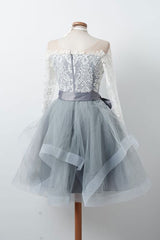 Gray Homecoming Dress Round Neck Tulle Lace Short Party Cocktail Dress