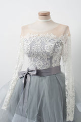 Gray Homecoming Dress Round Neck Tulle Lace Short Party Cocktail Dress