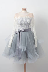Gray Homecoming Dress Round Neck Tulle Lace Short Party Cocktail Dress