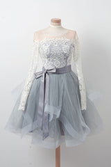 Gray Homecoming Dress Round Neck Tulle Lace Short Party Cocktail Dress