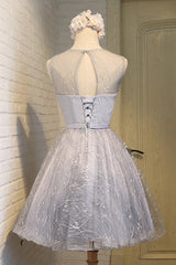 Gray Homecoming Dress Round Neck Tulle Short Party Cocktail Dress
