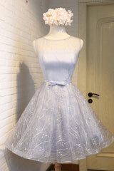 Gray Homecoming Dress Round Neck Tulle Short Party Cocktail Dress