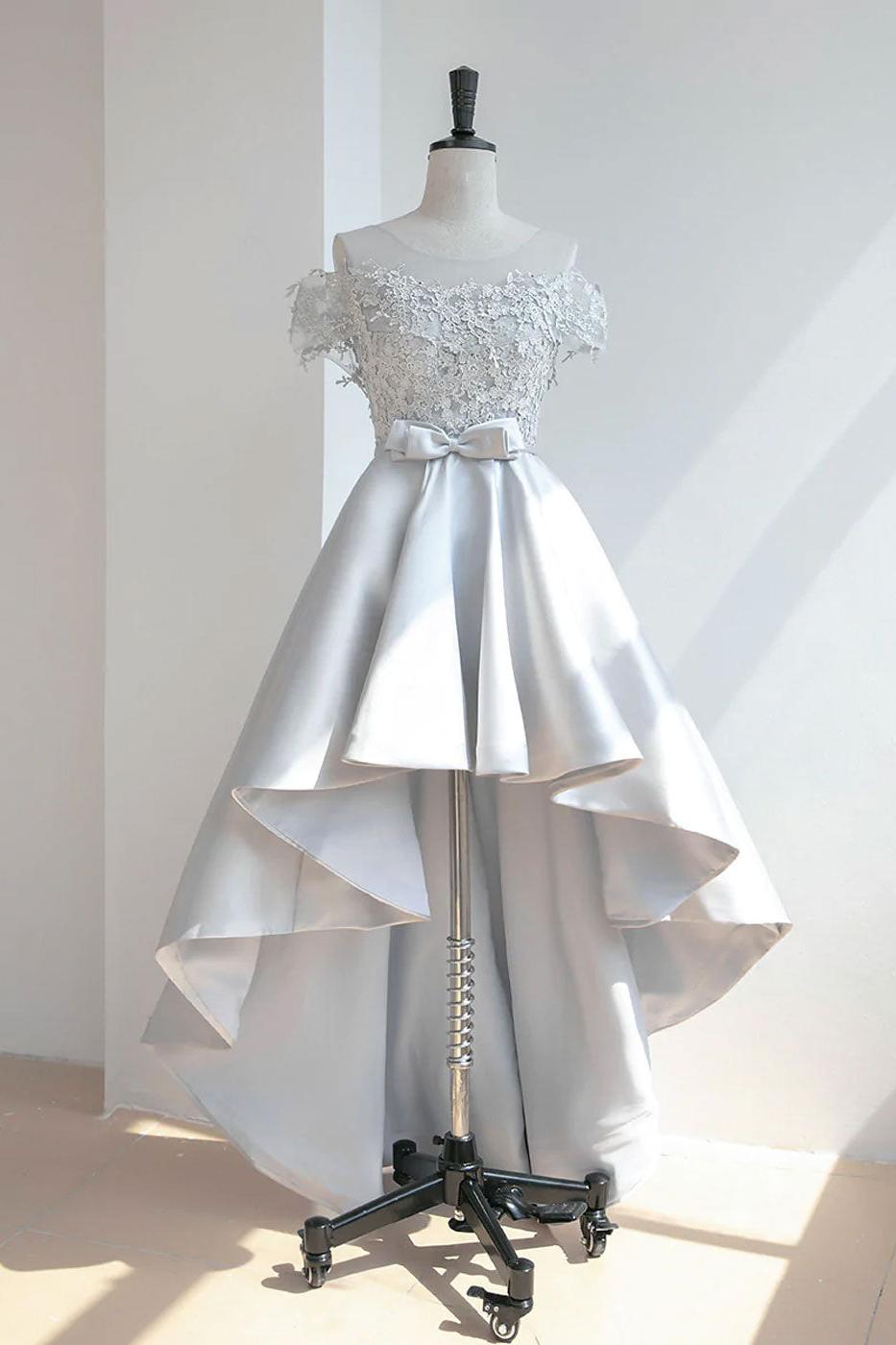 Gray Homecoming Dress Scoop Neck High Low Lace Short Party Cocktail Dress