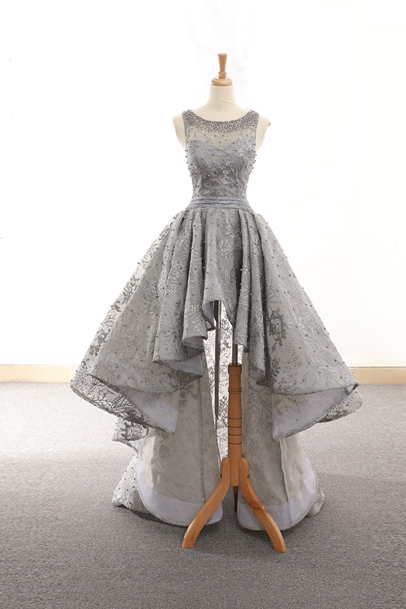 Gray Homecoming Dress Tulle Lace High Low Short Party Cocktail Dress