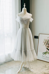 Gray Homecoming Dress Tulle Lace Tea Length Party Cocktail Dress