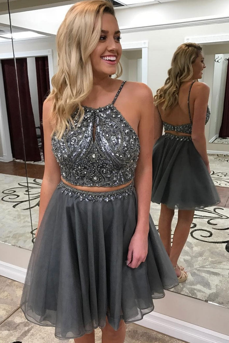 Gray Homecoming Dress Two Piece Beaded Chiffon Short Party Cocktail Dress
