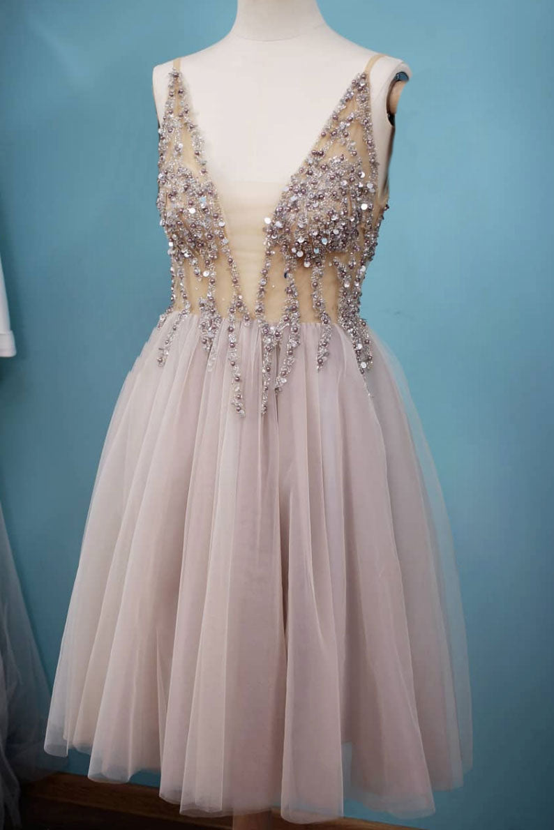 Gray Homecoming Dress V Neck Tulle Beaded Sequin Short Formal Gown Evening Dress