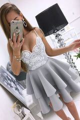 Gray Lace Homecoming Dress Short Cocktail Dress Evening Dress