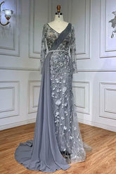 Gray Mermaid Prom Dress Long Sleeve V Neck Formal Dress With 3D Flowers