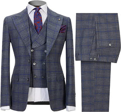 Gray Plaid Three Piece Peaked Lapel Business Suit for Men