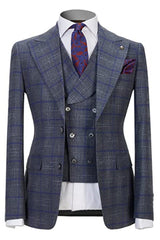 Gray Plaid Three Piece Peaked Lapel Business Suit for Men
