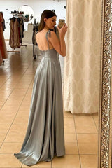 Gray Prom Dress A Line Satin Long Formal Gown Evening Dress