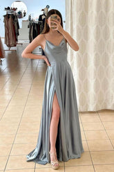 Gray Prom Dress A Line Satin Long Formal Gown Evening Dress