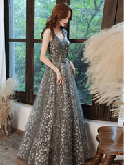 Gray Prom Dress A Line Tulle Beaded Long Formal Party Dress Formal Gown Evening Dress