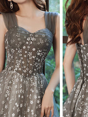 Gray Prom Dress A Line Tulle Beaded Long Formal Party Dress Formal Gown Evening Dress