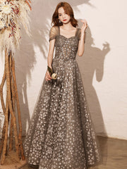 Gray Prom Dress A Line Tulle Beaded Long Formal Party Dress Formal Gown Evening Dress