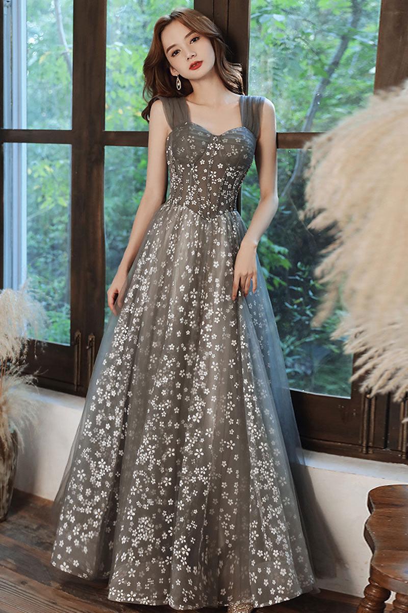 Gray Prom Dress A Line Tulle Beaded Long Formal Party Dress Formal Gown Evening Dress