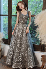 Gray Prom Dress A Line Tulle Beaded Long Formal Party Dress Formal Gown Evening Dress