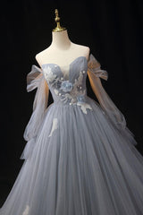 Gray Prom Dress A Line Tulle Lace Long Shiny Formal Dress Evening Dress