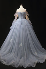 Gray Prom Dress A Line Tulle Lace Long Shiny Formal Dress Evening Dress