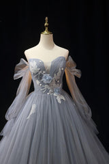 Gray Prom Dress A Line Tulle Lace Long Shiny Formal Dress Evening Dress