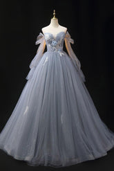 Gray Prom Dress A Line Tulle Lace Long Shiny Formal Dress Evening Dress
