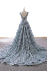 Gray Prom Dress Blue Prom Dress Tulle Lace Long Formal Gown Evening Dress