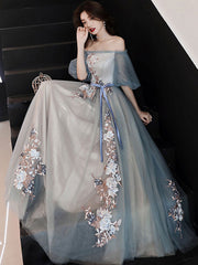 Gray Prom Dress Blue Prom Dress Tulle Lace Long Formal Gown Evening Dress