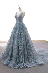 Gray Prom Dress Blue Prom Dress Tulle Lace Long Formal Gown Evening Dress