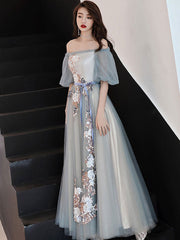 Gray Prom Dress Blue Prom Dress Tulle Lace Long Formal Gown Evening Dress