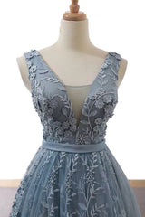 Gray Prom Dress Blue Prom Dress Tulle Lace Long Formal Gown Evening Dress