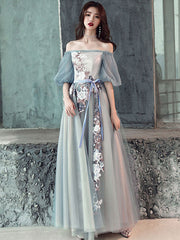 Gray Prom Dress Blue Prom Dress Tulle Lace Long Formal Gown Evening Dress