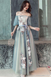 Gray Prom Dress Blue Prom Dress Tulle Lace Long Formal Gown Evening Dress