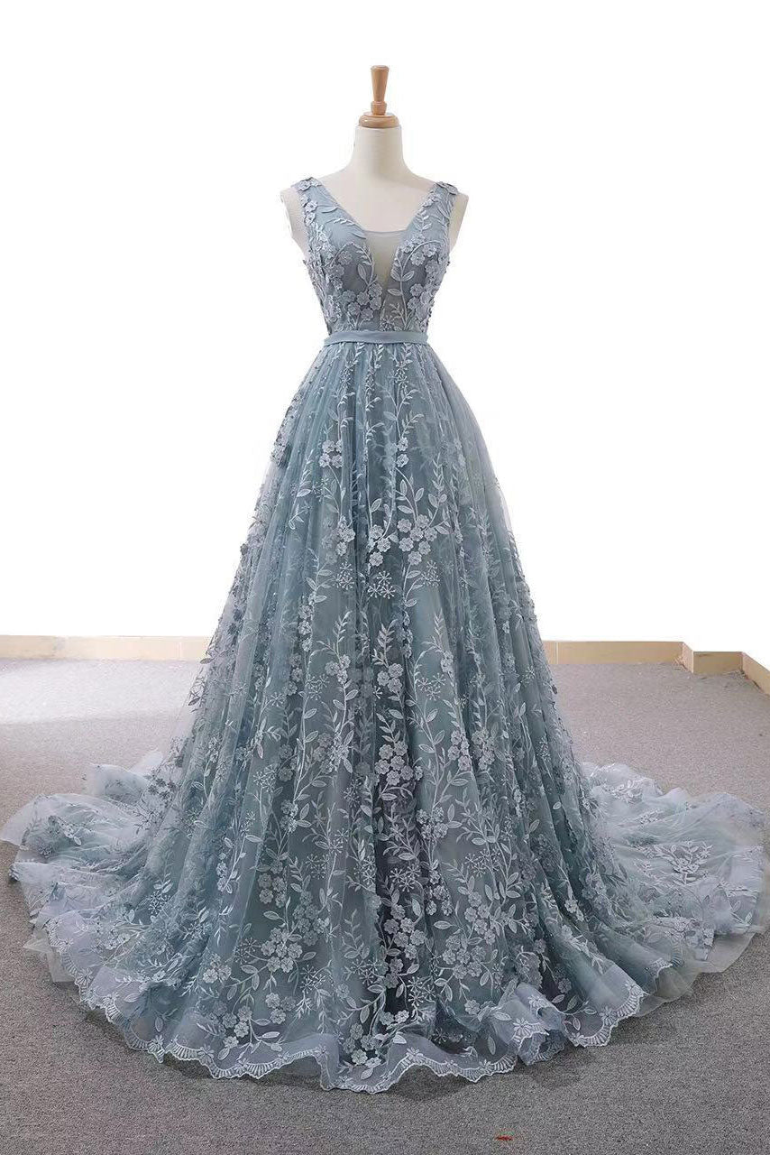 Gray Prom Dress Blue Prom Dress Tulle Lace Long Formal Gown Evening Dress