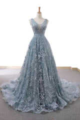 Gray Prom Dress Blue Prom Dress Tulle Lace Long Formal Gown Evening Dress