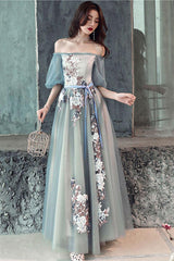 Gray Prom Dress Blue Prom Dress Tulle Lace Long Formal Gown Evening Dress