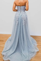 Gray Prom Dress Blue Prom Dress Tulle Sequin Long Evening Dress