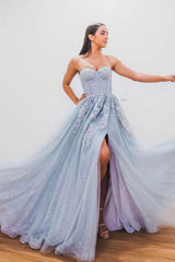 Gray Prom Dress Blue Prom Dress Tulle Sequin Long Evening Dress