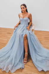 Gray Prom Dress Blue Prom Dress Tulle Sequin Long Evening Dress