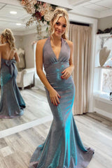Gray Prom Dress Blue Prom Dress V Neck Mermaid Long Formal Gown Evening Dress