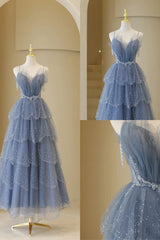 Gray Prom Dress Blue Tulle Sequin Beaded Long Evening Gown Evening Dress