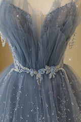 Gray Prom Dress Blue Tulle Sequin Beaded Long Evening Gown Evening Dress