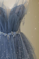 Gray Prom Dress Blue Tulle Sequin Beaded Long Evening Gown Evening Dress
