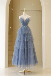 Gray Prom Dress Blue Tulle Sequin Beaded Long Evening Gown Evening Dress
