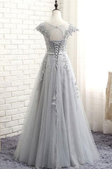 Silver Prom Dress Crew Neck Lace Appliques e Long Formal Gown Evening Dress
