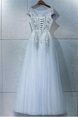 Gray Blue Prom Dress Crew Neck Lace Tulle Long Formal Gown Evening Dress